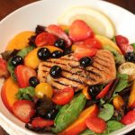 Grilled Salmon with Boozy Fruit Salad