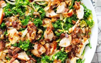 Kale Salad with Chicken, Caramelized Onions, and Hot Bacon Dressing {Paleo}