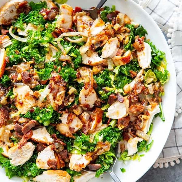 Kale Salad with Chicken, Caramelized Onions, and Hot Bacon Dressing {Paleo}