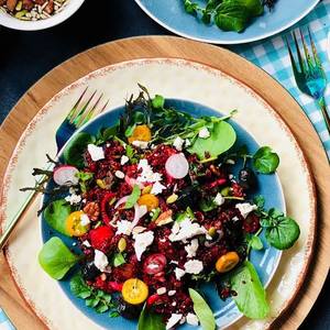 Organic red quinoa with beets and feta salad