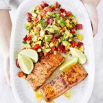 Wild salmon with corn & pepper salsa salad
