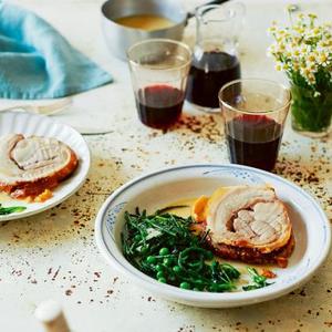 Almond Milk-Braised Pork Belly with Peas, Watercress and Sea Beans