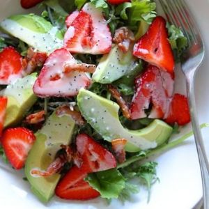 Strawberry Avocado Kale Salad w/ Bacon Poppyseed Dressing