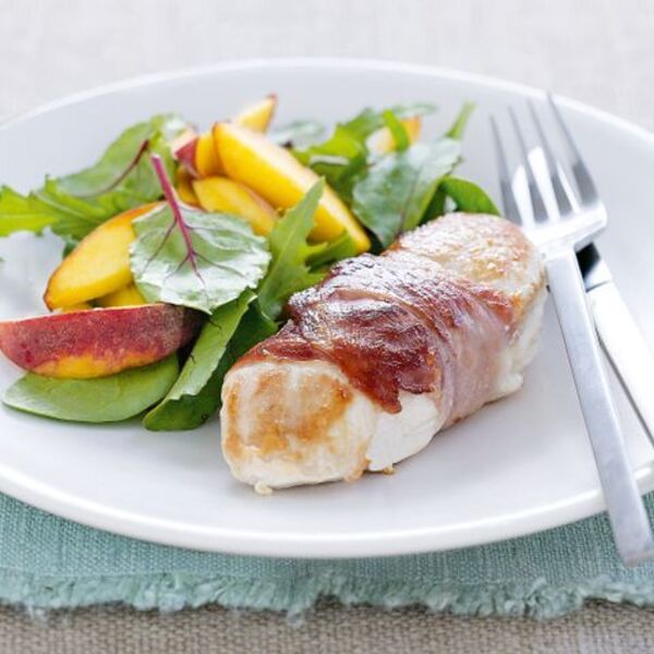 Prosciutto-wrapped chicken with peach salad
