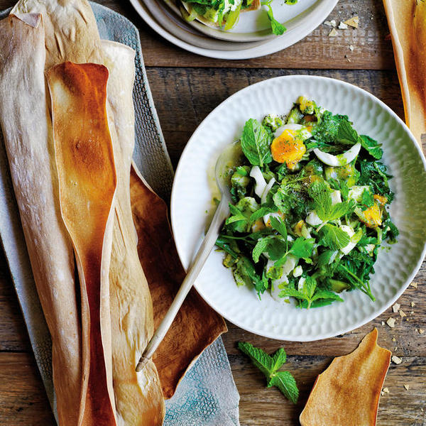 Crispy Lavash with Egg and Herb Salad