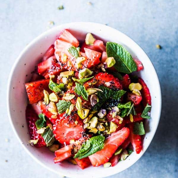 Strawberry Fruit Salad with Mint and Pistachios