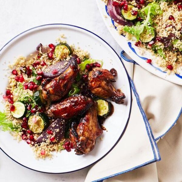 Sticky pomegranate chicken with couscous salad