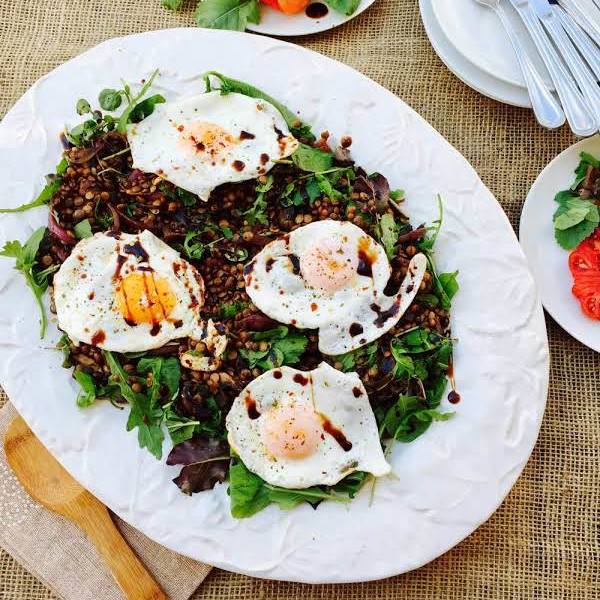 Brown and green lentils with hearty salad