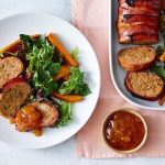 Bacon-wrapped chicken meatloaf with sweet potato salad