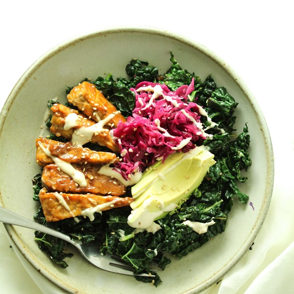 Warm Kale Salad with Maple Mustard Tempeh and Ruby Kraut