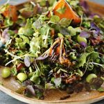 Vegan roast pumpkin, wild rice and edamame salad with ginger, miso and sesame dressing