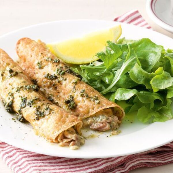 Gluten-free creamy salmon pesto crepes