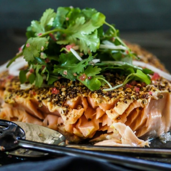 Coriander and mustard roasted salmon with finger lime and kohlrabi salad