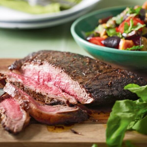 Moroccan steak with eggplant & tomato salad
