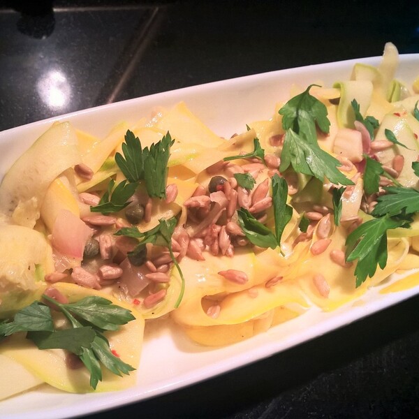 Marinated Squash Salad with Roasted Sunflower Seeds & Capers