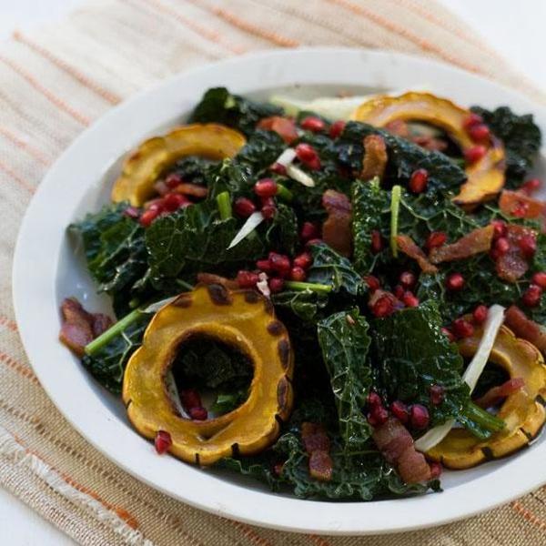 Roasted Delicata Squash, Pomegranate Kale Salad With Lardon Dressing