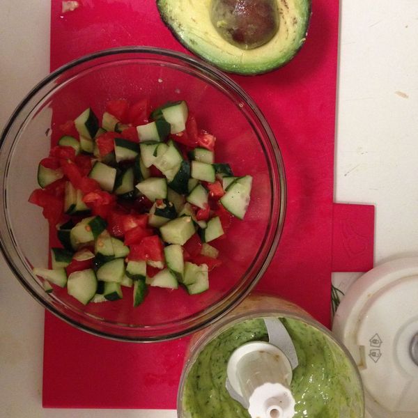 Cucumber, Tomato, and Snap Pea Salad with an Avocado and Dill Dressing: