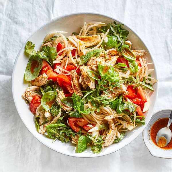 Poached Chicken & Arugula Salad with Tomatoes & Chili Crisp