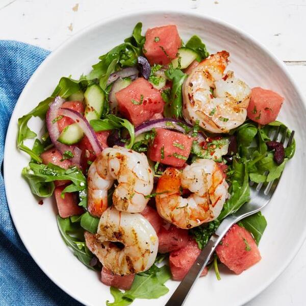 Grilled Shrimp, Arugula and Watermelon Salad