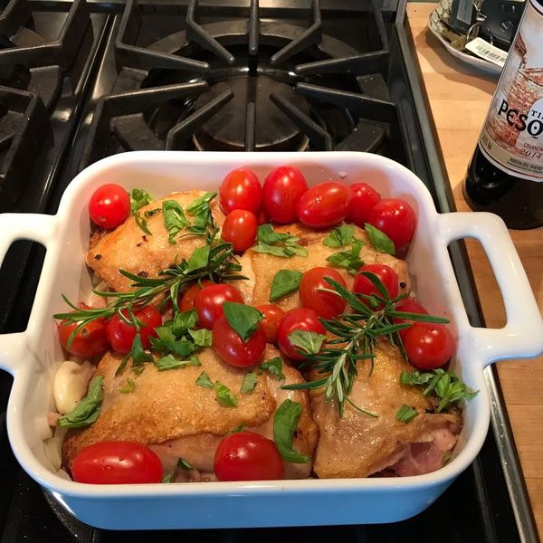 Roasted chicken thighs with cherry tomatoes
