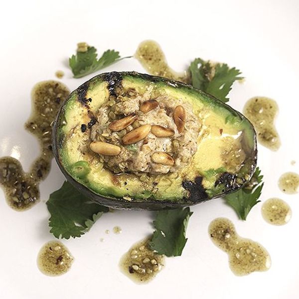 Charred avocados pine nut sauce and dukkah dressing.