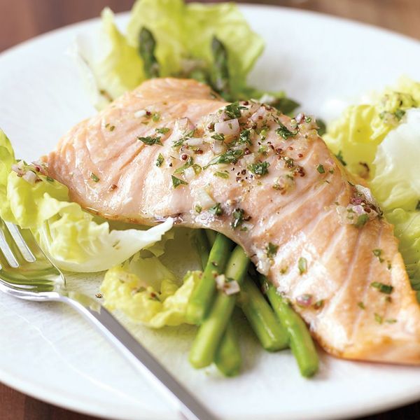 Poached Salmon Salad with Lettuce and Asparagus