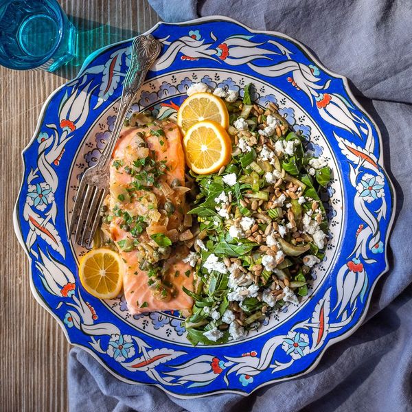 Salmon Piccata with Bok Choy, Balsamic, and Goat Cheese Salad